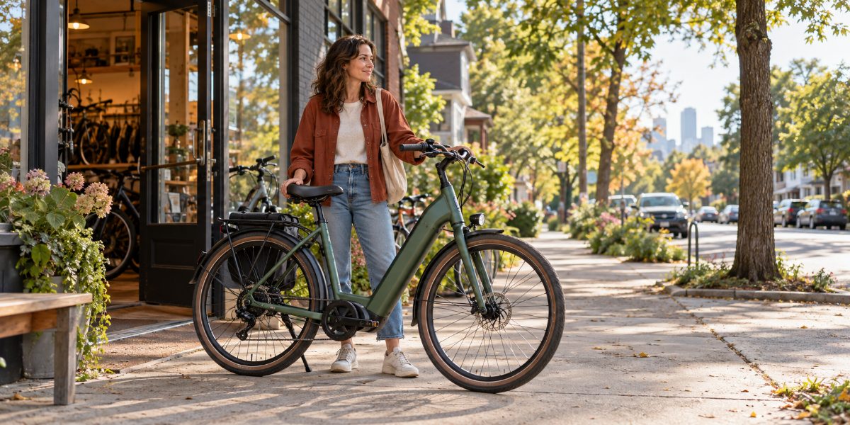 Mulher com uma bicicleta urbana em frente a uma loja de bicicletas