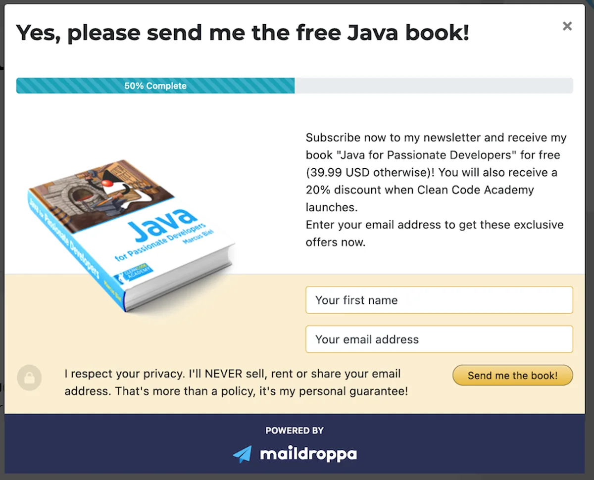 Popup sign-up form featuring a progress bar, fields for first name and email, and a 'Send me the book' button for a free Java book lead magnet.