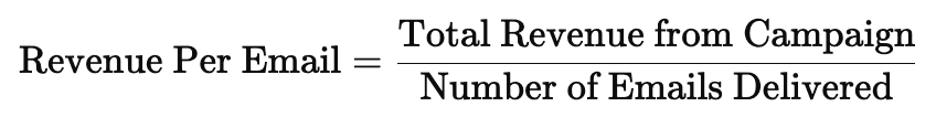 Formula for calculating revenue per email metric: (Total Revenue from Campaign / Number of Emails Delivered)