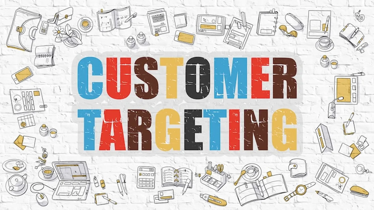 "CUSTOMER TARGETING" surrounded by icons like smartphones and laptops, symbolizing diverse audience identification in targeted mail marketing