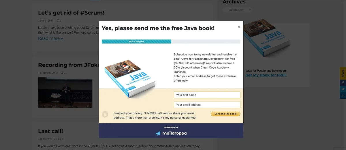 Manual-trigger popup form opens after clicking a lead magnet image, showing a smooth, low-friction email sign-up experience.