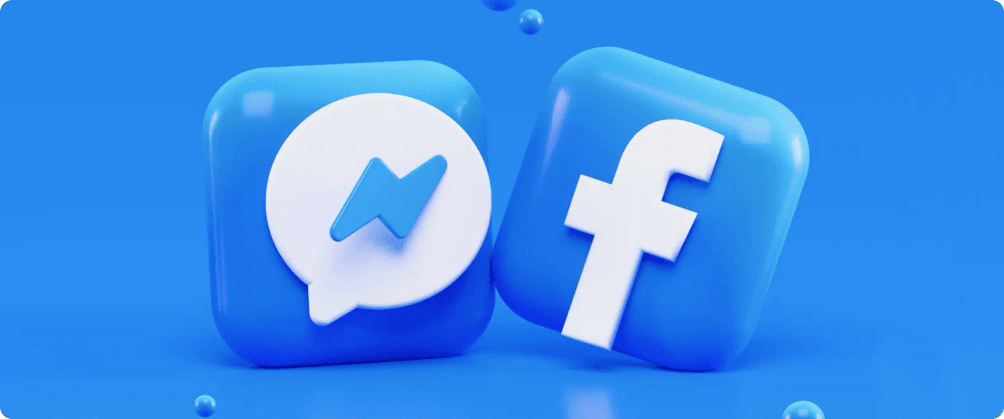 3D social media icons for Facebook and Messenger on a blue background.