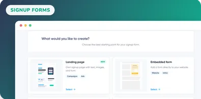 Maildroppa-Bildschirm zur Erstellung eines Anmeldeformulars mit Ausgangspunkten wie Landingpage und eingebettetem Formular