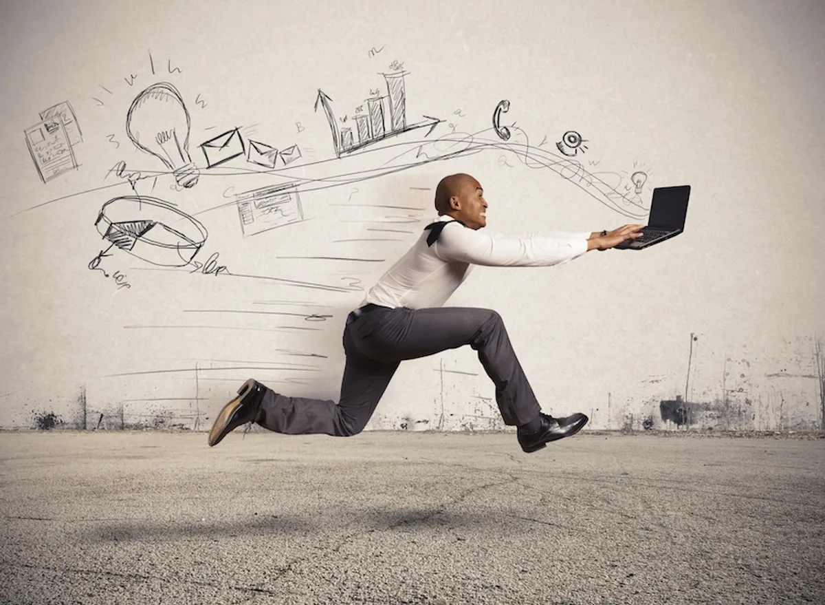  A man hurrying with a notebook, symbols flying, illustrating the urgency in 'Awaiting your feedback' as a dynamic email sign off.