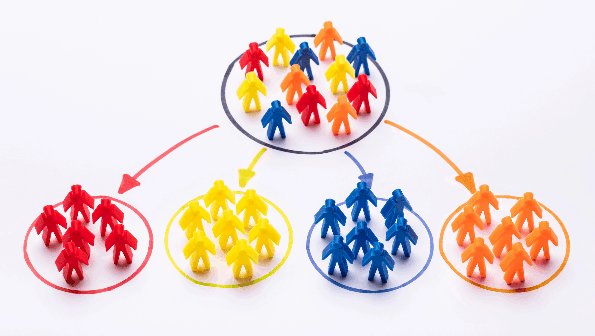 Illustration showing subscriber groups segmented by color, highlighting targeted email campaigns for better engagement.