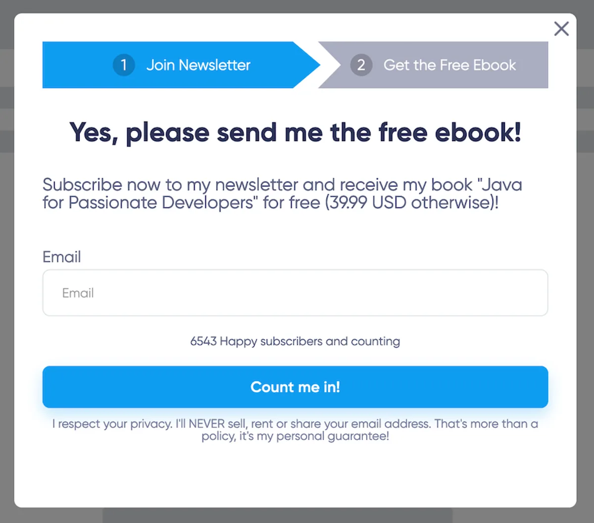 Sign-up form with step indicator for free eBook 'Java for Passionate Developers' and subscriber count.