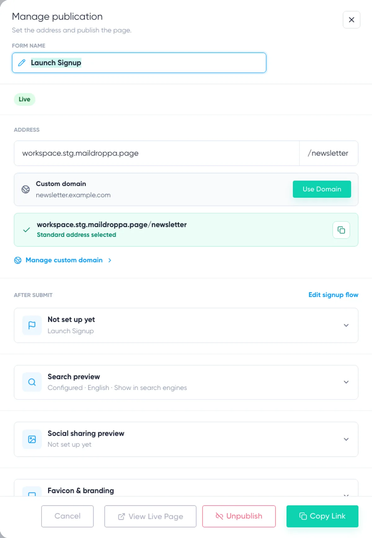 Landing Page Builder: successful publication
