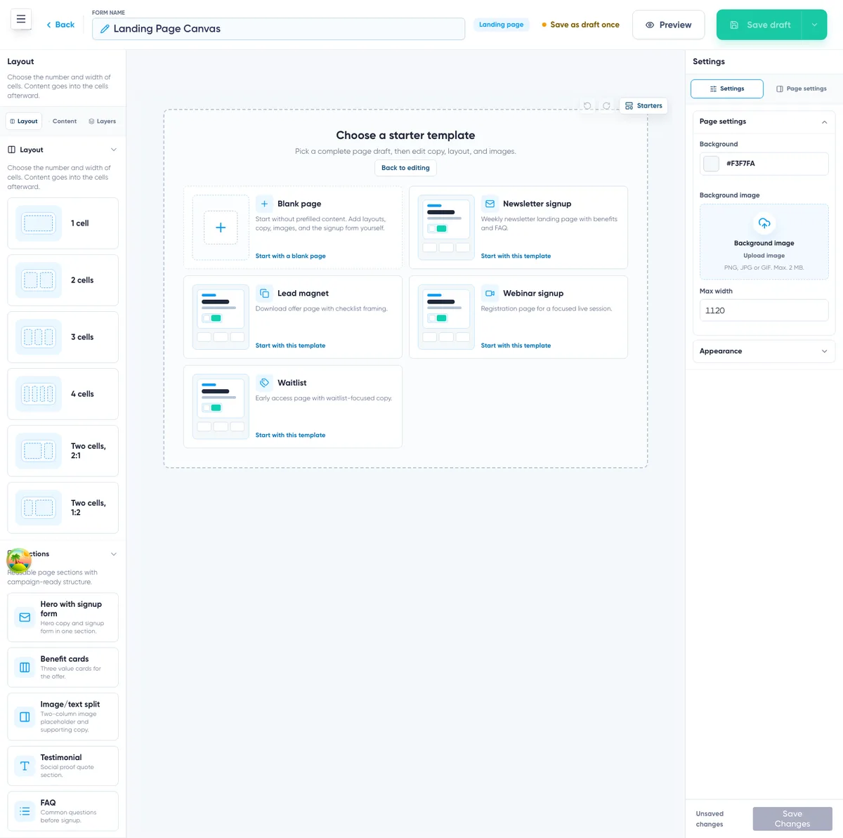 Anmeldeformular-Builder: Auswahl einer Startvorlage