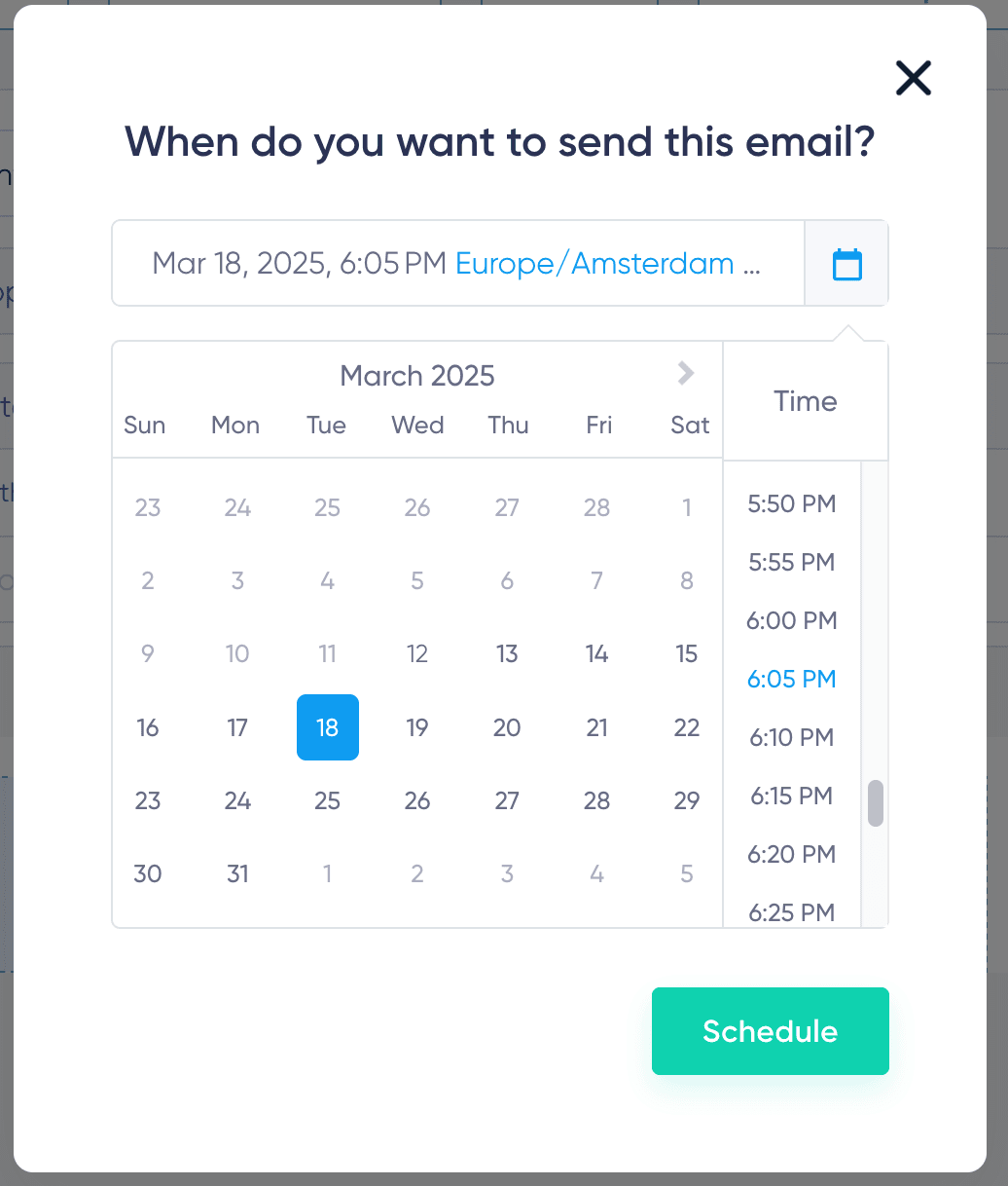 Scheduling interface showing calendar and time selection, demonstrating choosing optimal email send times for better engagement.