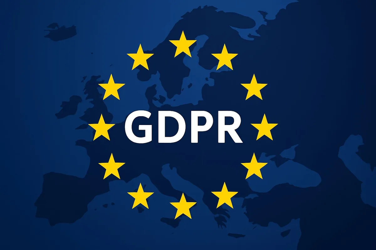 GDPR text over map of Europe with EU stars, representing email marketing compliance with European data protection laws.