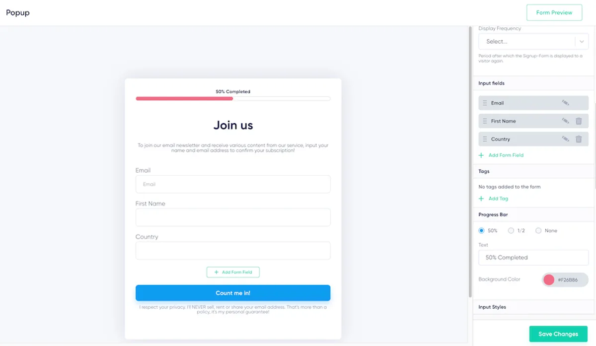 Canvas of the visual sign up form builder, divded into 2 main sections