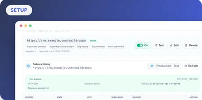Eine Webhook-Konfiguration in Maildroppa mit Abonnentenereignissen, Zustellverlauf und erfolgreicher Testzustellung
