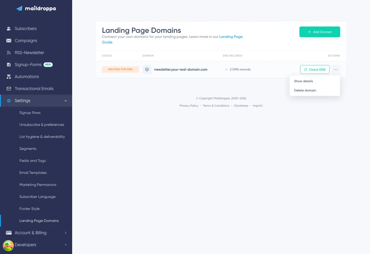 Landing Page Domains: vollständige Domain-Seite