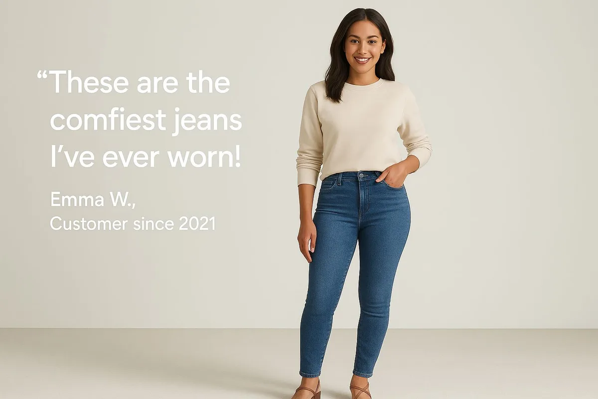 Smiling woman in comfy jeans with quote: "These are the comfiest jeans I’ve ever worn!" – Emma W., customer since 2021