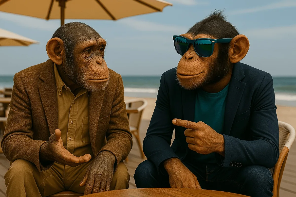 Two chimps at a beach café comparing tools, symbolizing the Email Marketing Monkey face-off: Mailchimp vs. Maildroppa.