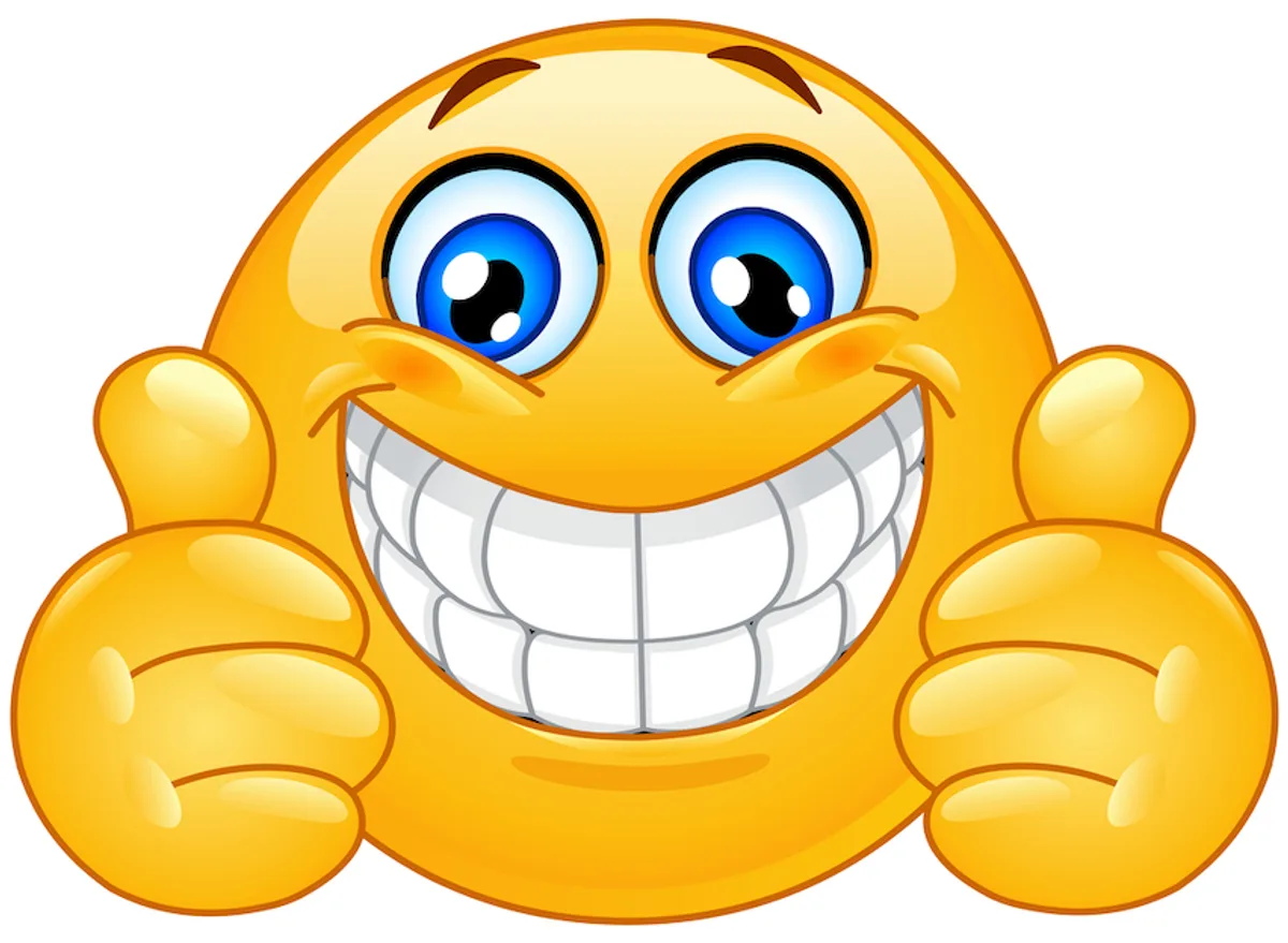 Brightly grinning emoji with thumbs up, a reminder to use emojis sparingly to avoid overwhelming email recipients.