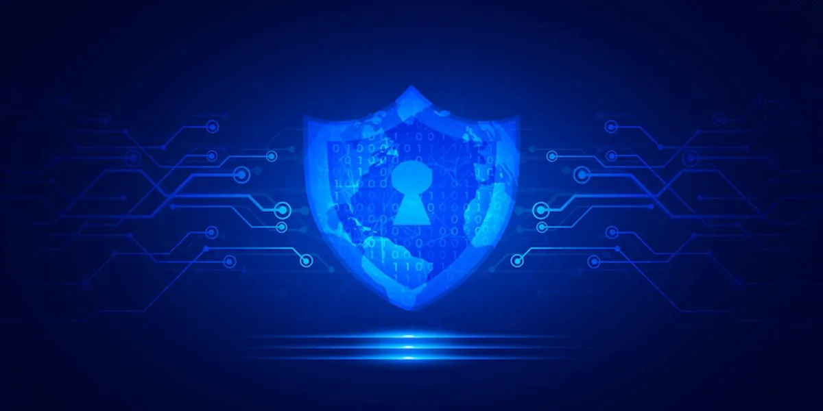 A lock and shield illustration with binary codes and a world map, symbolizing secure email authentication measures for bulk email marketing.