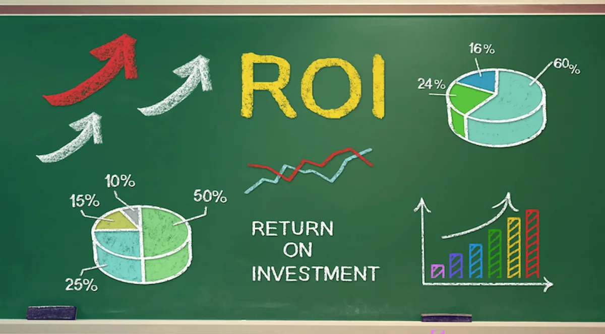 Green chalkboard illustrating email marketing ROI with diagrams, charts, and upward arrows, highlighting investment returns.
