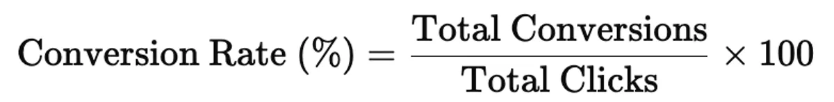 Formula for calculating the conversion rate metric: (Total Conversions / Total Clicks) × 100