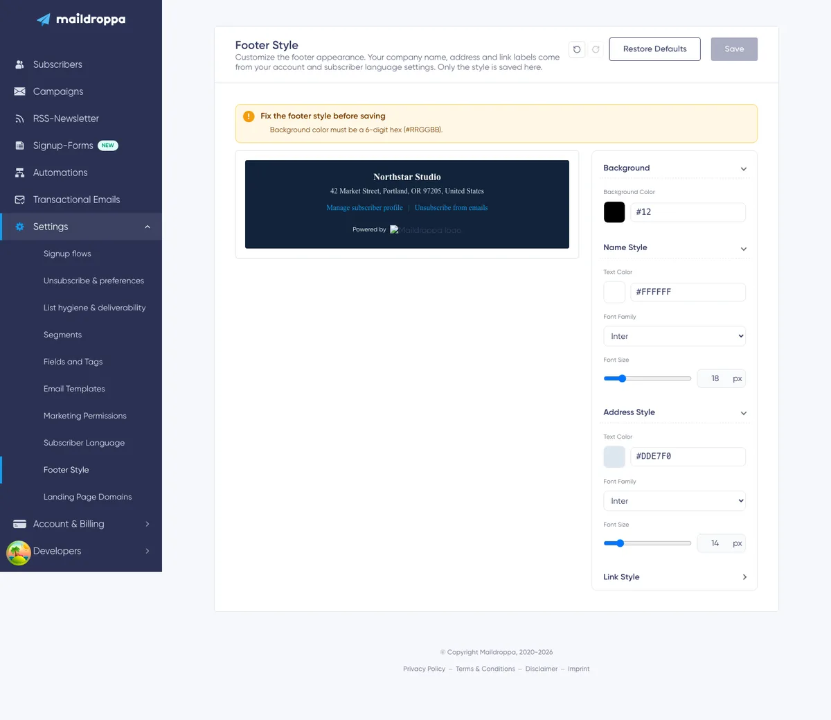 Footer Style: validation warning