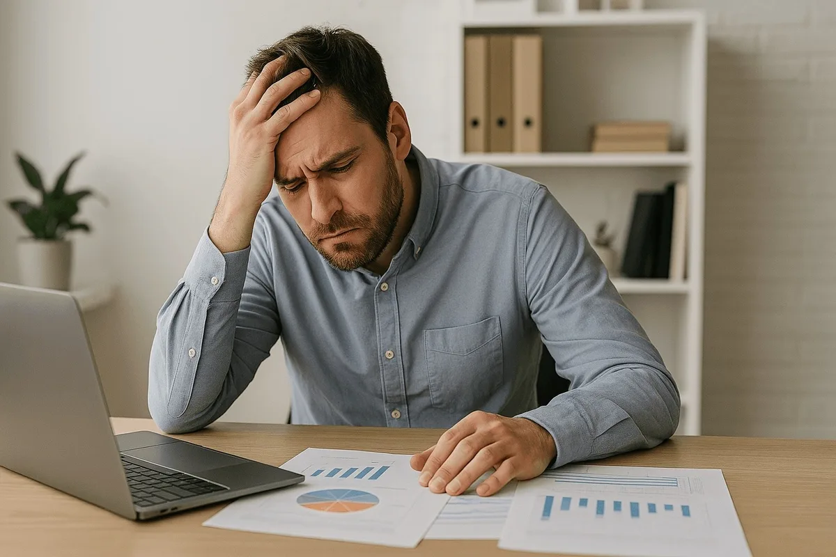Frustrated man holding his head at desk with laptop and charts, showing the stress of running a business with limited resources.