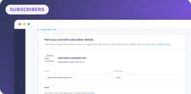 Detailansicht eines Abonnenten in Maildroppa mit E-Mail-Adresse, Vornamen, Anmeldedatum und Tags