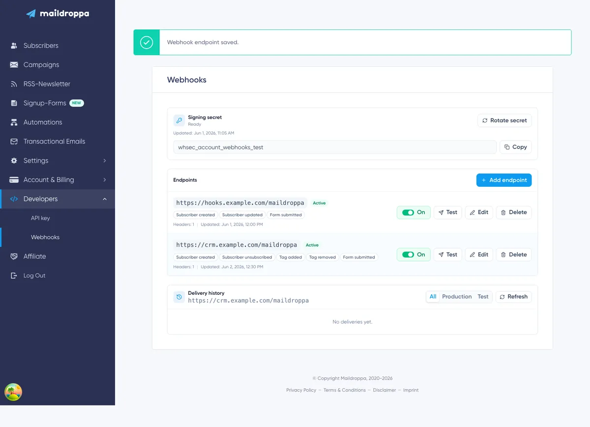 Webhooks: complete webhooks page