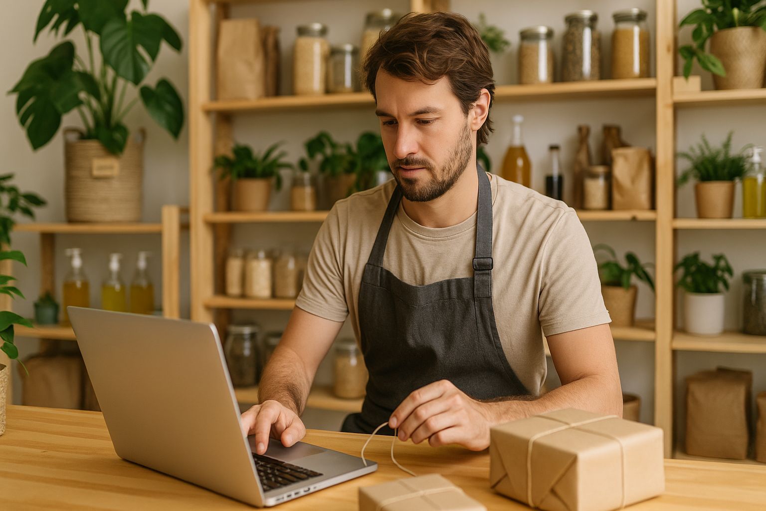 Alex, busy eco-store owner, packs orders beside laptop in plant-filled shop—visualizing a focused newsletter persona.