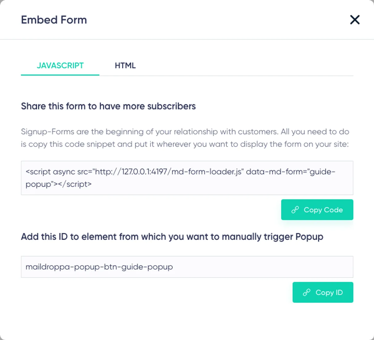 Popup Builder: embed form dialog