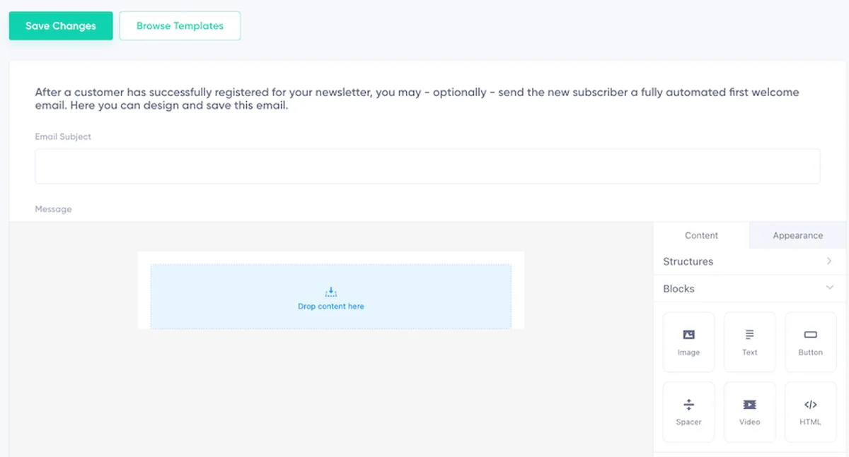 Empty Drag and Drop Editor for new Welcome Email