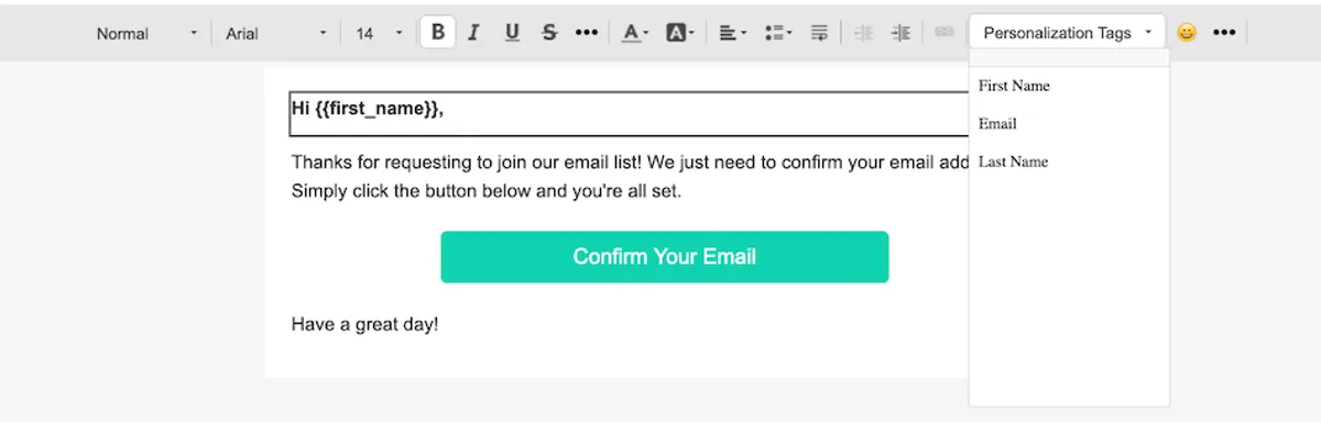 Email editor toolbar with an option to add personalization tags.