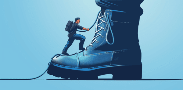Stylized figure leveraging a giant boot's strap to symbolize self-starting bootstrapping.