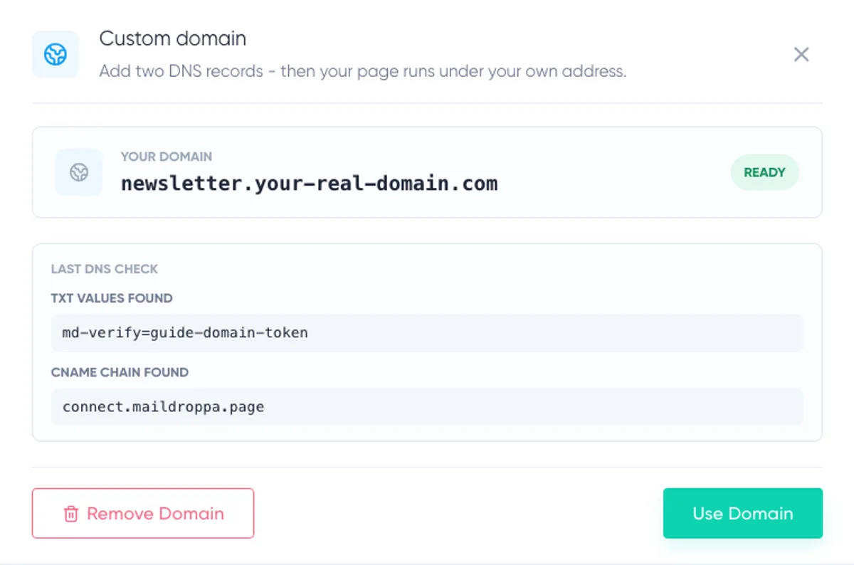 Landingpage-Builder: Details zur bereiten benutzerdefinierten Domain