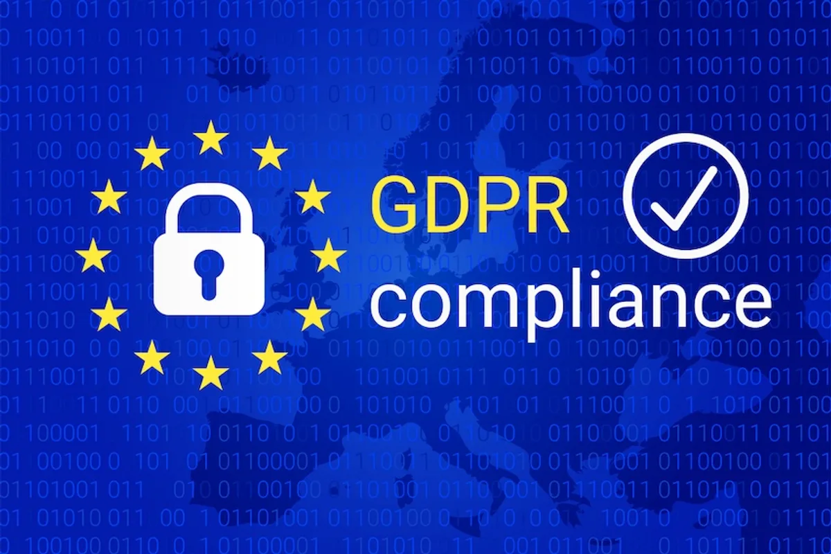 Map of Europe overlaid with binary code 1010101, featuring a lock and yellow stars, next to 'GDPR' and a checkmark symbolizing GDPR compliance.