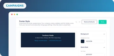 Footer-Stil-Einstellungen in Maildroppa mit Footer-Vorschau sowie Optionen für Hintergrund- und Textfarben