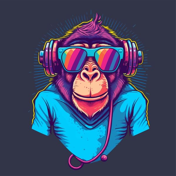 A colorful monkey with sunglasses and headphones.