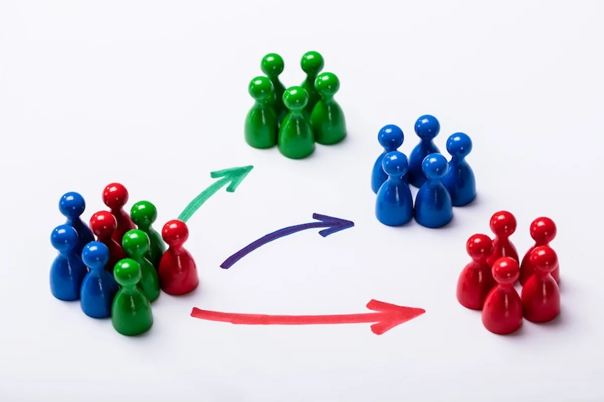 Color-coded figures sorted into groups by arrows, illustrating the segmentation process to manage mail lists