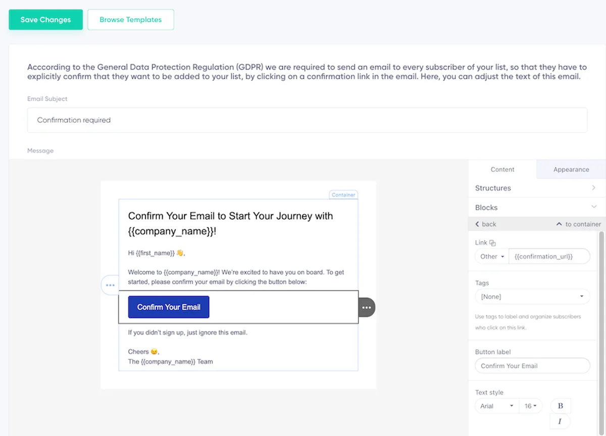 Adding the confirmation URL in the editor's link settings.