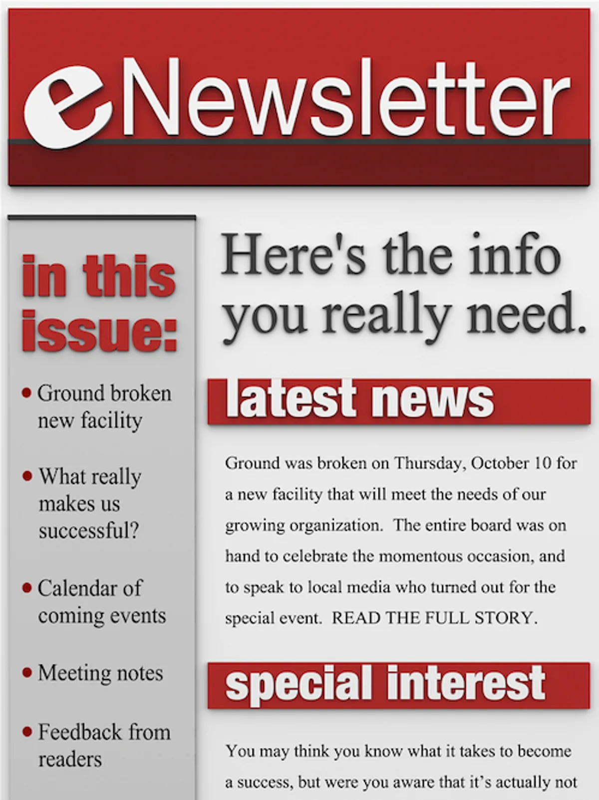 Example of an informational email, a classical newsletter