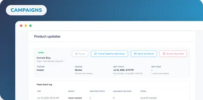 Ein aktiver RSS-Newsletter-Feed in Maildroppa mit Feed-Prüflog, nächstem Prüfzeitpunkt und Optionen zum Senden einer Test-E-Mail
