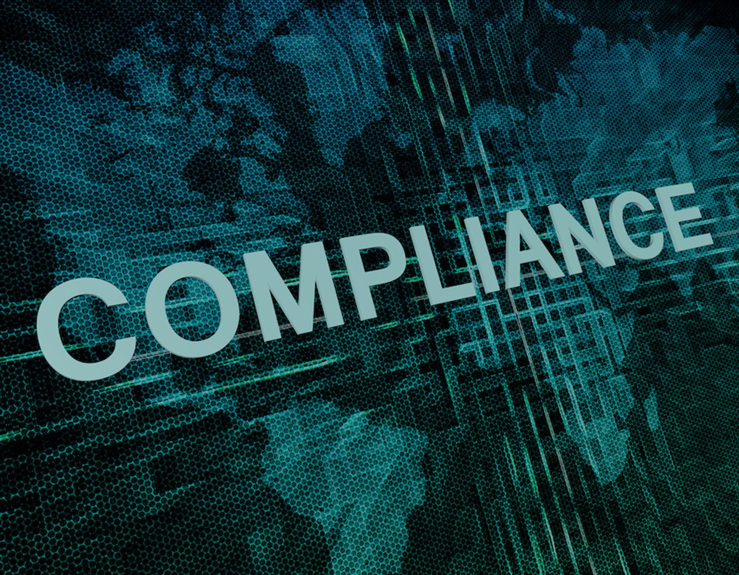 The word compliance over a blue tech background pattern.
