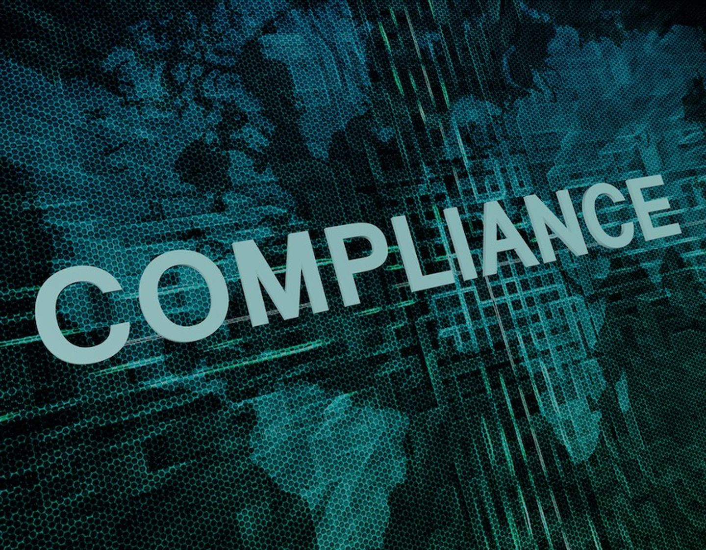 The word compliance over a blue tech background pattern.