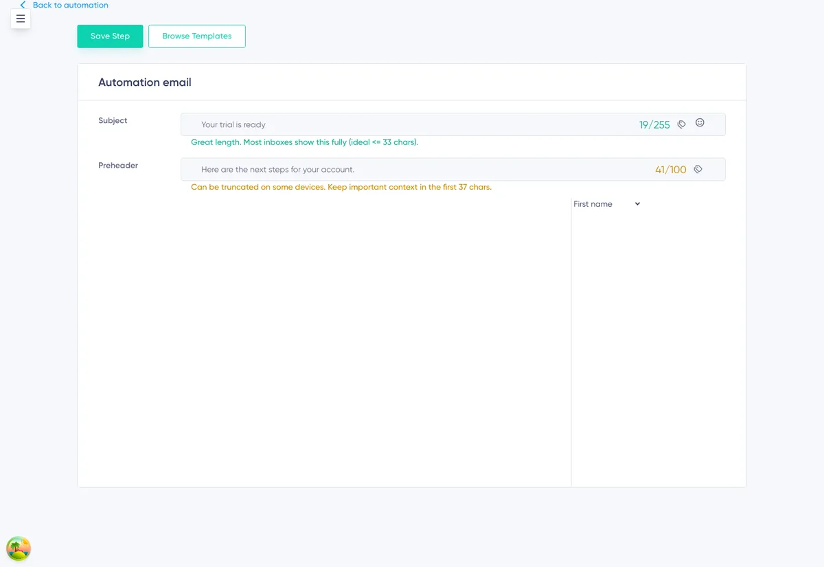 Automatisierungen: E-Mail-Editor der Automatisierung