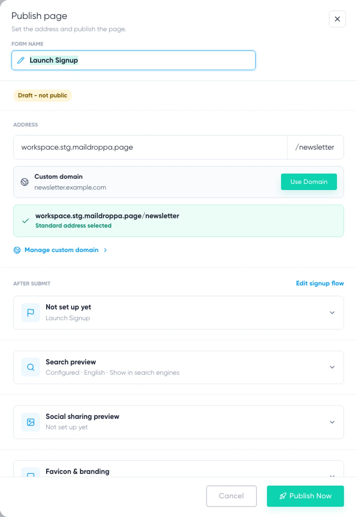 Landing Page Builder: publication window