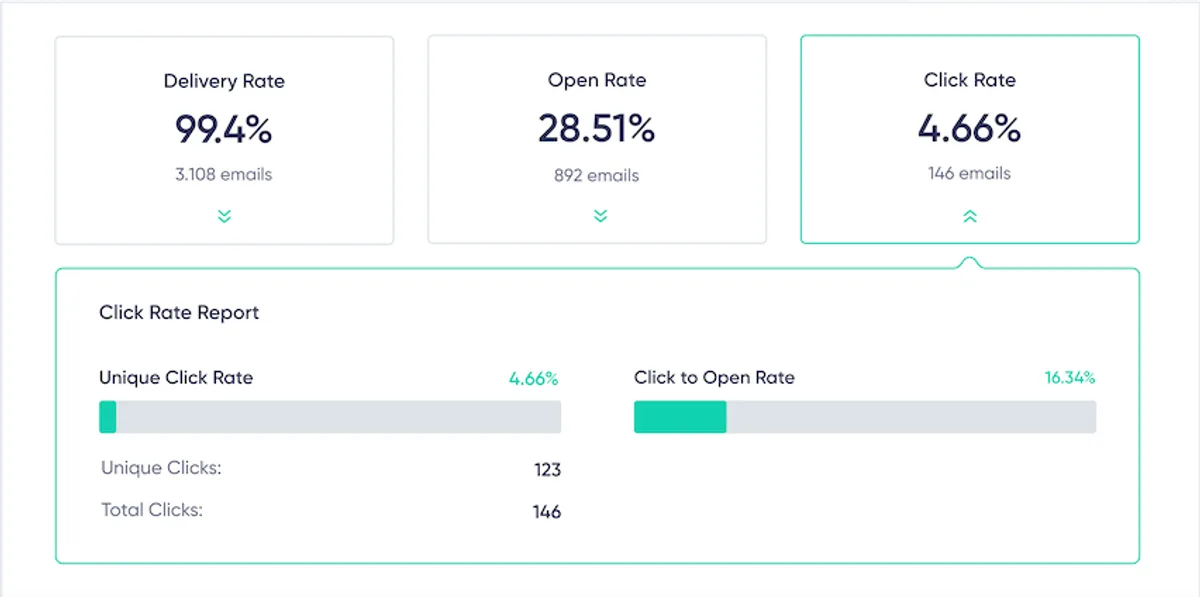 In-depth view of Maildroppa email campaign report showcasing detailed metrics like delivery, open, and click-to-open rates.