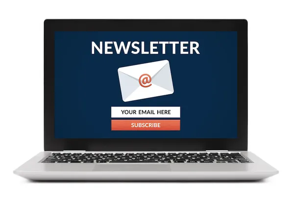 A laptop displaying an email newsletter signup page with the option to subscribe.