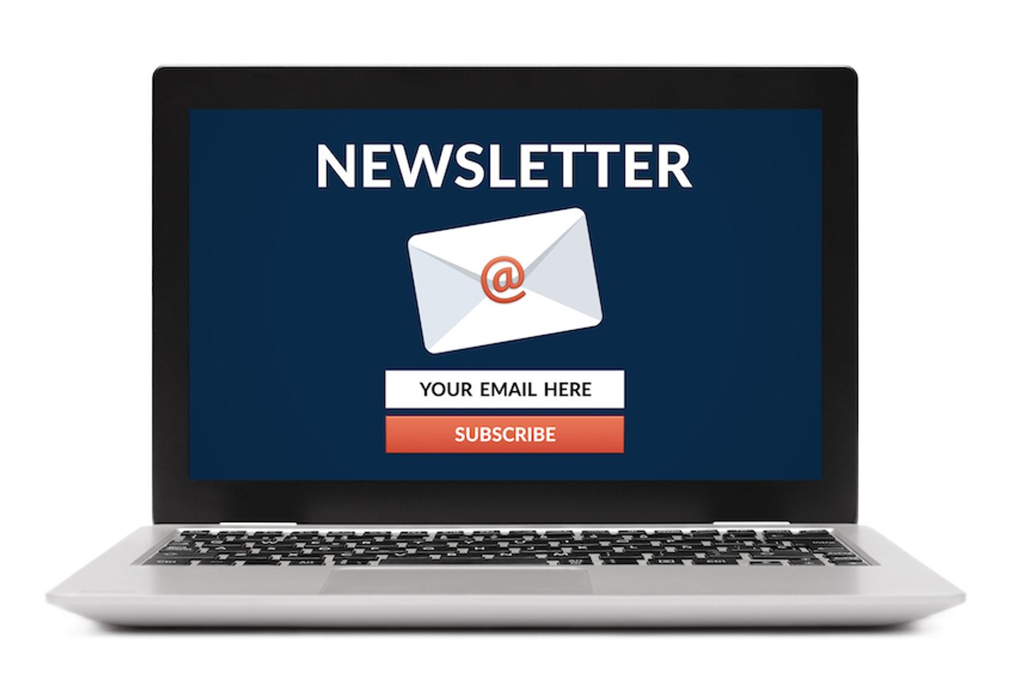 A laptop displaying an email newsletter signup page with the option to subscribe.