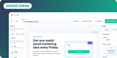 Maildroppa-Anmeldeformular-Builder mit Landingpage-Arbeitsfläche, Inhaltsblöcken und Seiteneinstellungen