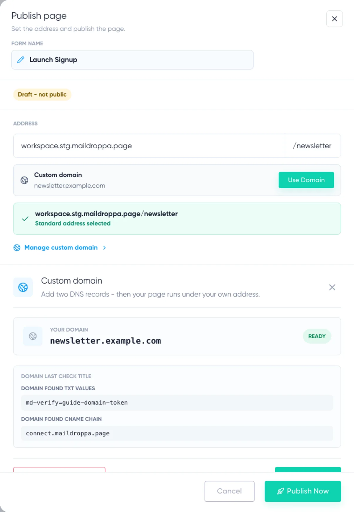 Landing Page Builder: address and custom domain