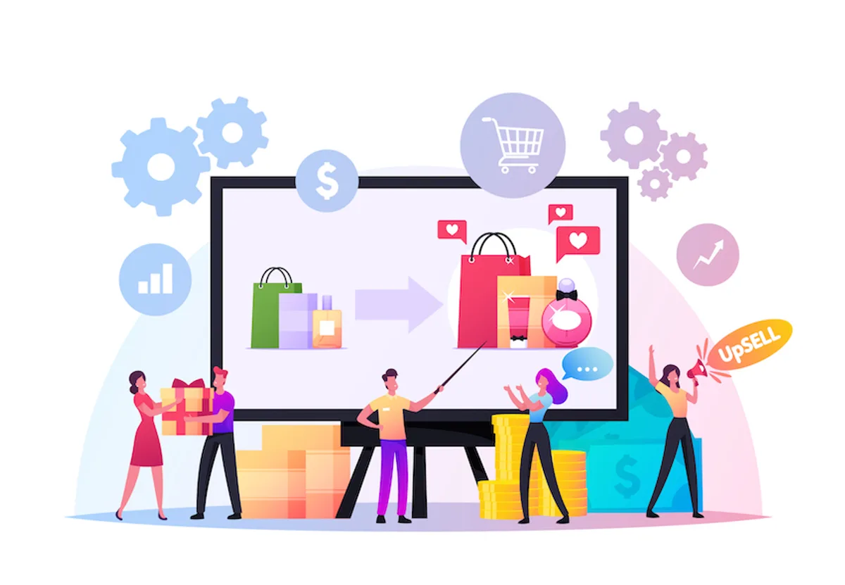 Illustration of people around a huge monitor showing upsells, with gears, analytics, and a 'upsell' shout
